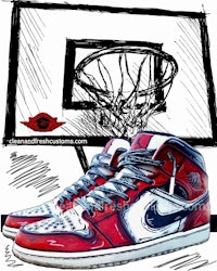 a drawing of a basketball hoop and a pair of air jordans